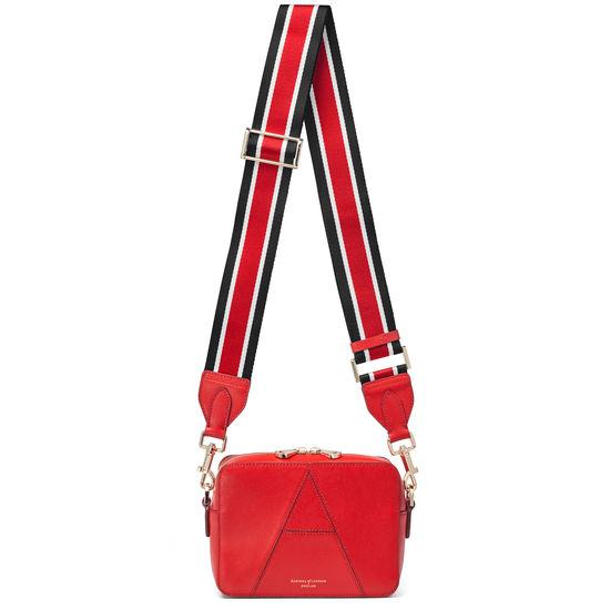 Webbing Bag Strap in Scarlett Saffiano with Red, Black & White Stripes from Aspinal of London