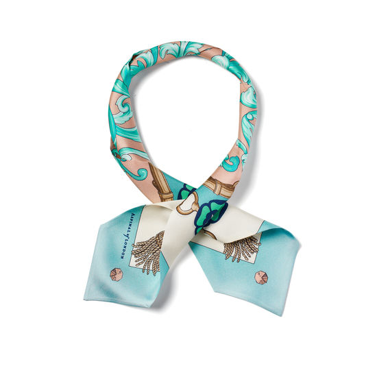 Signature Shield Neck Bow Scarf in Blush & Teal Silk Twill from Aspinal of London