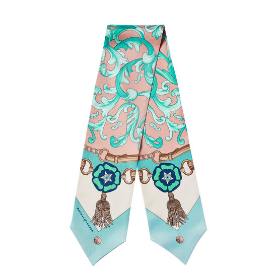Signature Shield Neck Bow Scarf in Blush & Teal Silk Twill from Aspinal of London