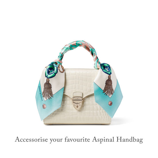 Signature Shield Neck Bow Scarf in Blush & Teal Silk Twill from Aspinal of London