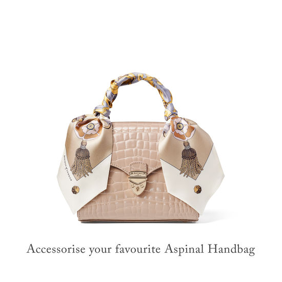 Signature Shield Neck Bow Scarf in Neutral Silk Twill from Aspinal of London