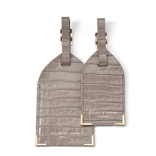 Set of 2 Luggage Tags in Deep Shine Warm Grey Small Croc from Aspinal of London