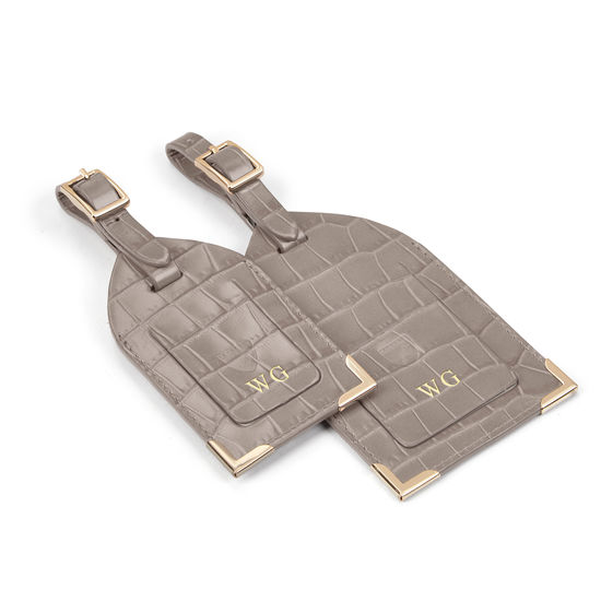 Set of 2 Luggage Tags in Deep Shine Warm Grey Small Croc from Aspinal of London