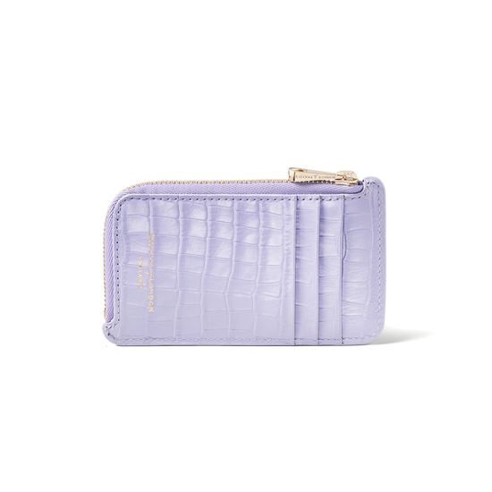 Zipped Coin & Card Holder in Deep Shine English Lavender Small Croc from Aspinal of London