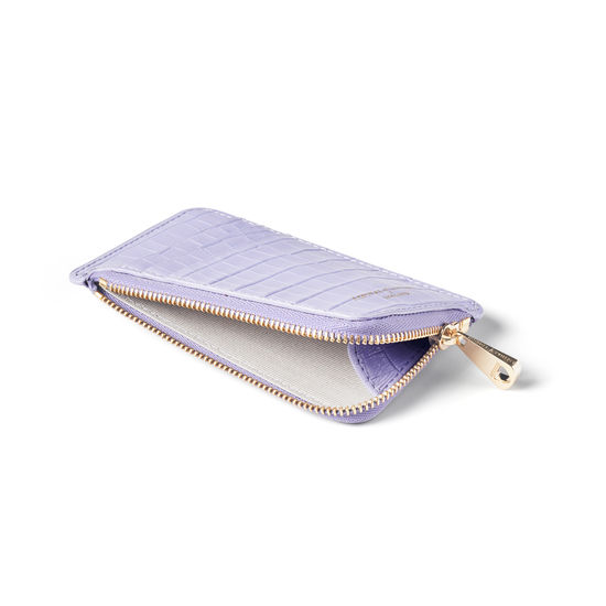 Zipped Coin & Card Holder in Deep Shine English Lavender Small Croc from Aspinal of London