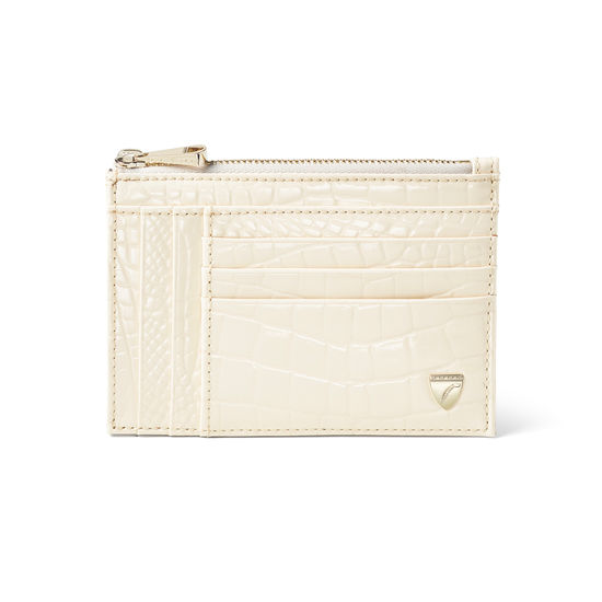 Double Sided Zipped Card & Coin Holder in Ivory Patent Croc from Aspinal of London