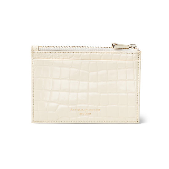 Double Sided Zipped Card & Coin Holder in Ivory Patent Croc from Aspinal of London