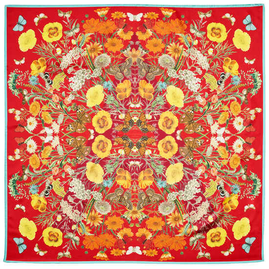 Botanical 'A' Silk Scarf in Cherry Pure Silk from Aspinal of London