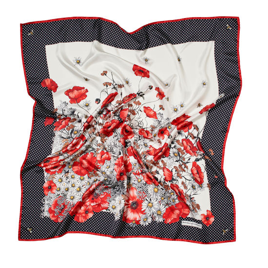 Polka Dot Poppy Silk Scarf in Red & Black Pure Silk from Aspinal of London