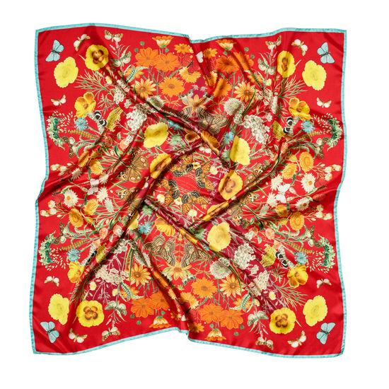 Botanical 'A' Silk Scarf in Cherry Pure Silk from Aspinal of London