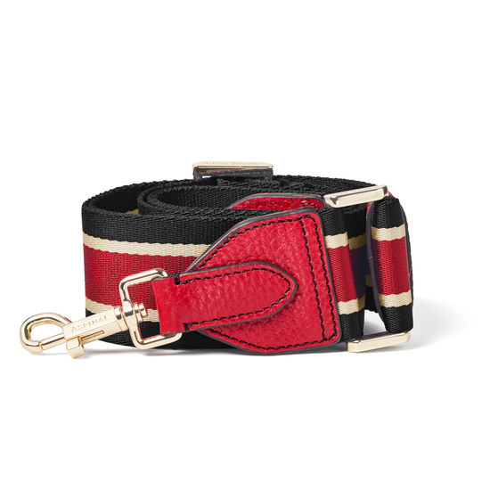 Webbing Bag Strap in Cherry Pebble with Black, Red & White Stripes from Aspinal of London