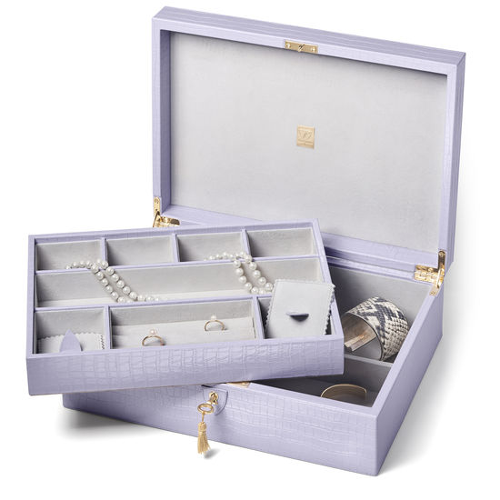 Grand Luxe Jewellery Case in Deep Shine English Lavender Small Croc from Aspinal of London