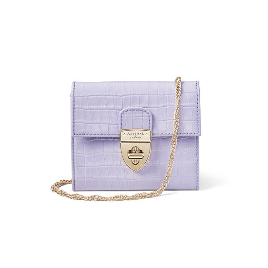 Small Mayfair Purse with Chain in Deep Shine English Lavender Small Croc from Aspinal of London
