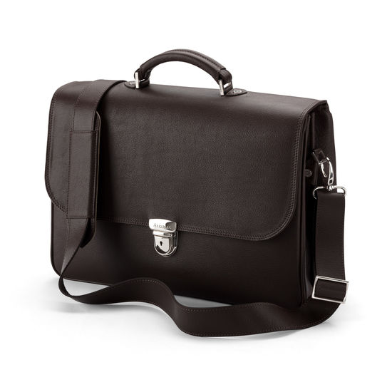 City Laptop Briefcase in Brown Pebble Calf & Stone Suede from Aspinal of London