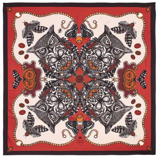 Emily Carter Silk Scarf - Owl & Pocket Watch from Aspinal of London