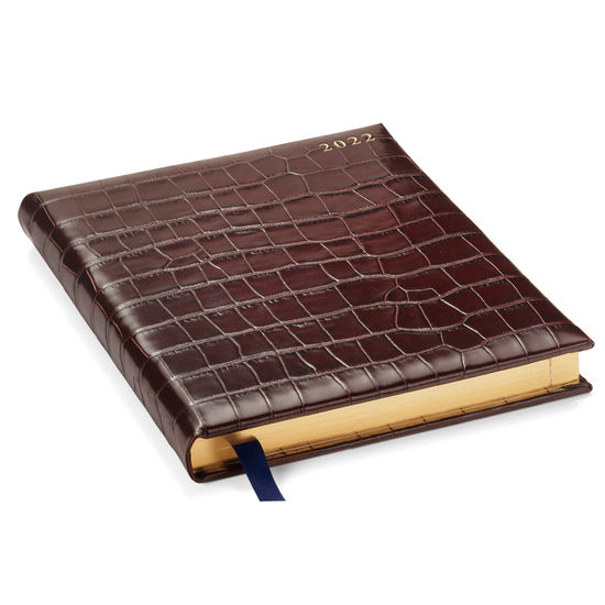 Quarto A4 Day to Page Leather Diary in Deep Shine Amazon Brown Croc from Aspinal of London
