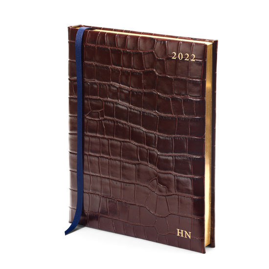 Quarto A4 Day to Page Leather Diary in Deep Shine Amazon Brown Croc from Aspinal of London