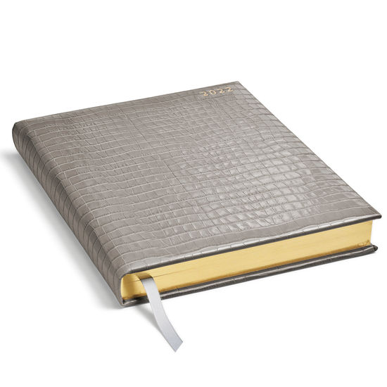 Quarto A4 Day to Page Leather Diary in Deep Shine Warm Grey Small Croc from Aspinal of London