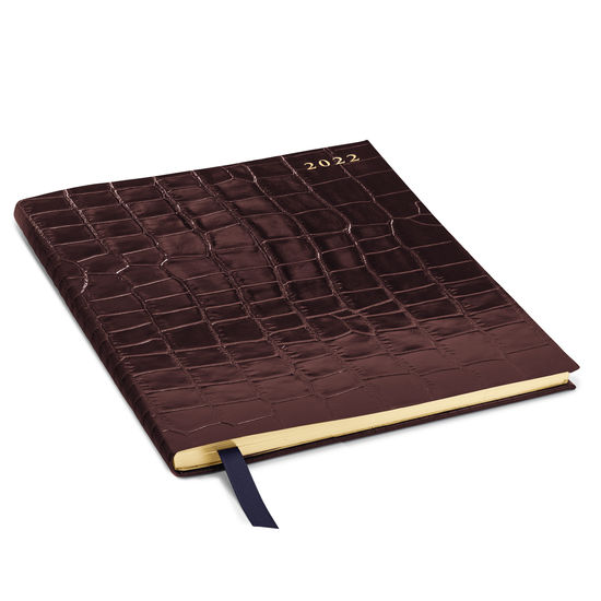 Quarto A4 Week to View Leather Diary in Deep Shine Amazon Brown Croc from Aspinal of London