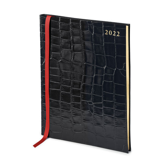 Quarto A4 Week to View Leather Diary in Deep Shine Black Croc from Aspinal of London