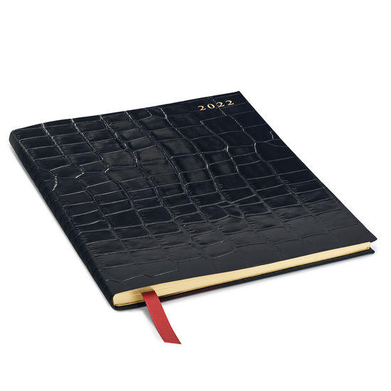 Quarto A4 Week to View Leather Diary in Deep Shine Black Croc from Aspinal of London