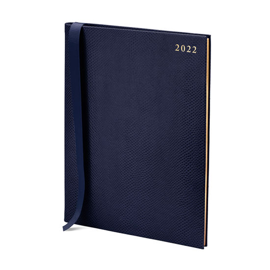 Quarto A4 Week to View Leather Diary in Midnight Blue Lizard from Aspinal of London