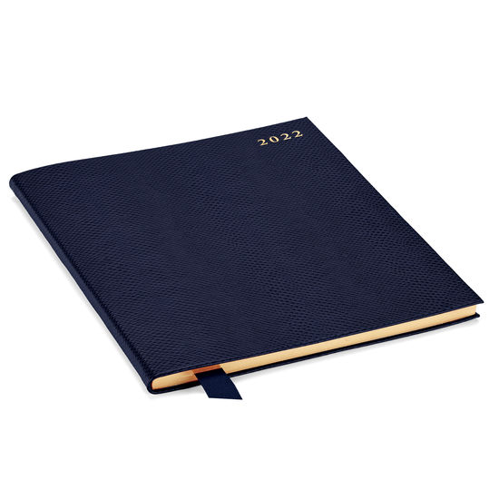 Quarto A4 Week to View Leather Diary in Midnight Blue Lizard from Aspinal of London