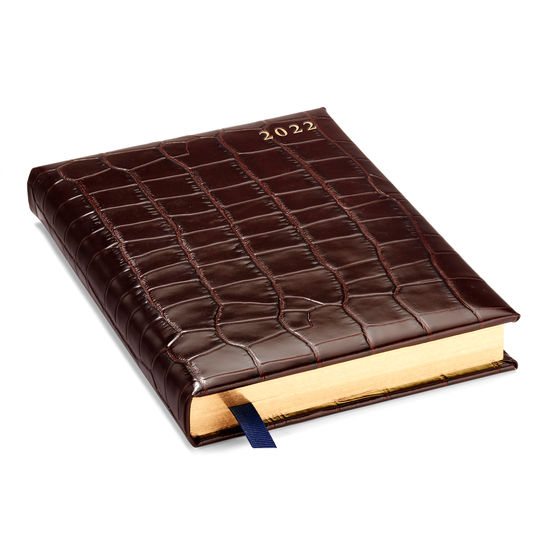 A5 Day to Page Leather Diary in Deep Shine Amazon Brown Croc from Aspinal of London