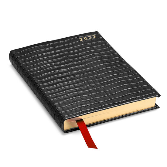 A5 Day to Page Leather Diary in Deep Shine Black Croc from Aspinal of London