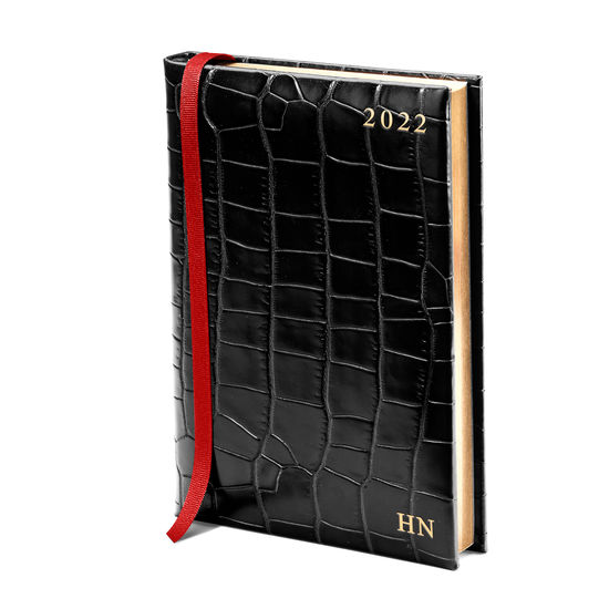 A5 Day to Page Leather Diary in Deep Shine Black Croc from Aspinal of London