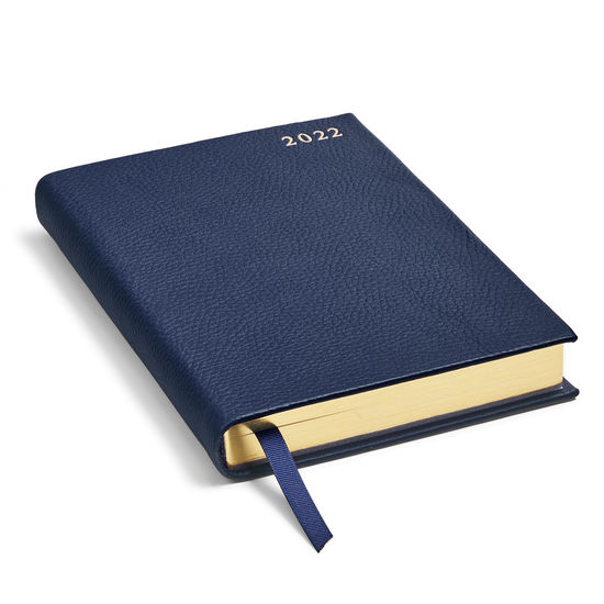 A5 Day to Page Leather Diary in Navy Pebble from Aspinal of London