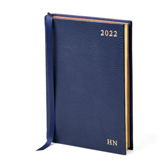 A5 Day to Page Leather Diary in Navy Pebble from Aspinal of London