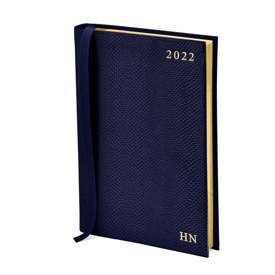 A5 Day to Page Leather Diary in Midnight Blue Lizard from Aspinal of London