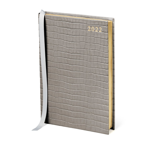 A5 Day to Page Leather Diary in Deep Shine Warm Grey Small Croc from Aspinal of London