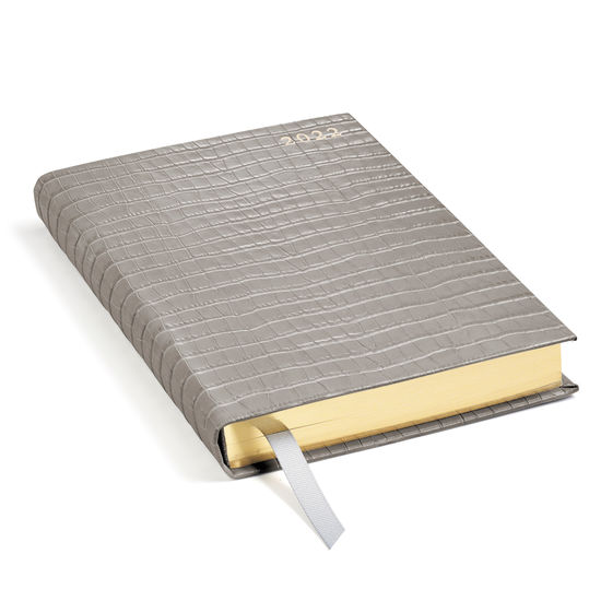 A5 Day to Page Leather Diary in Deep Shine Warm Grey Small Croc from Aspinal of London