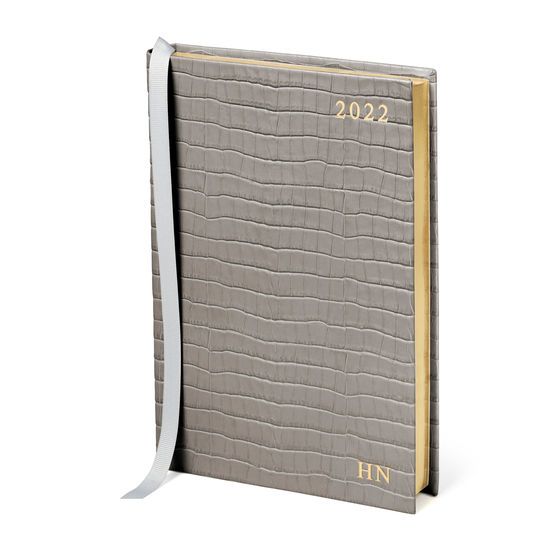 A5 Day to Page Leather Diary in Deep Shine Warm Grey Small Croc from Aspinal of London