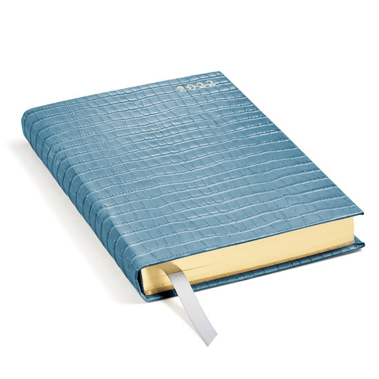 A5 Day to Page Leather Diary in Deep Shine Cornflower Small Croc from Aspinal of London