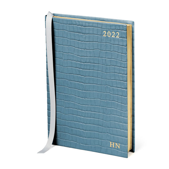 A5 Day to Page Leather Diary in Deep Shine Cornflower Small Croc from Aspinal of London