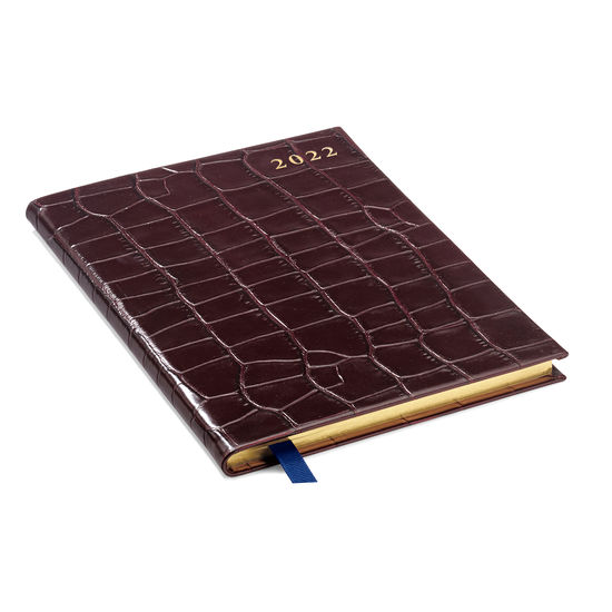 A5 Week to View Leather Diary in Deep Shine Amazon Brown Croc from Aspinal of London