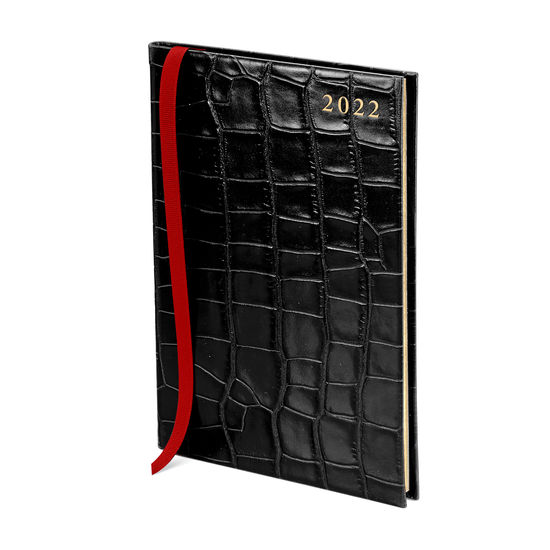 A5 Week to View Leather Diary in Deep Shine Black Croc from Aspinal of London