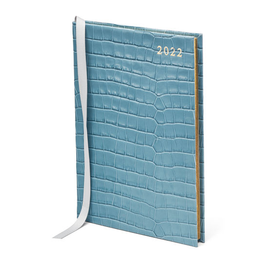A5 Week to View Leather Diary in Deep Shine Cornflower Small Croc from Aspinal of London