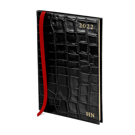 A5 Week to View Leather Diary in Deep Shine Black Croc from Aspinal of London