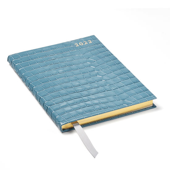 A5 Week to View Leather Diary in Deep Shine Cornflower Small Croc from Aspinal of London
