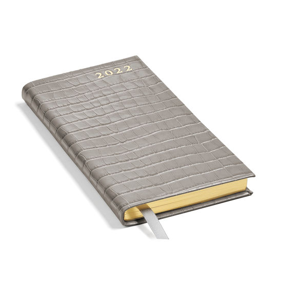 Slim Pocket Leather Diary in Deep Shine Warm Grey Small Croc from Aspinal of London