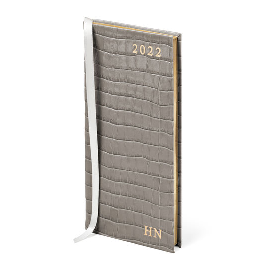 Slim Pocket Leather Diary in Deep Shine Warm Grey Small Croc from Aspinal of London