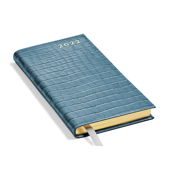 Slim Pocket Leather Diary in Deep Shine Cornflower Small Croc from Aspinal of London