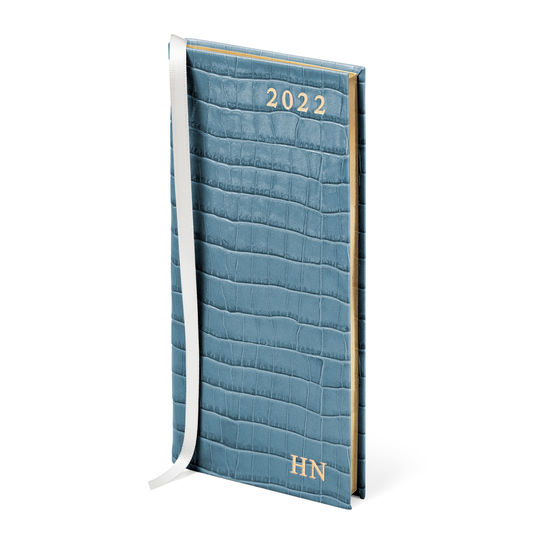 Slim Pocket Leather Diary in Deep Shine Cornflower Small Croc from Aspinal of London