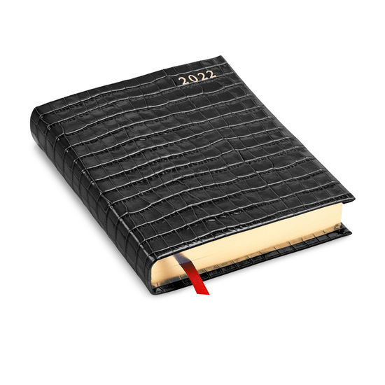 A6 Day to Page Leather Diary in Deep Shine Black Croc from Aspinal of London