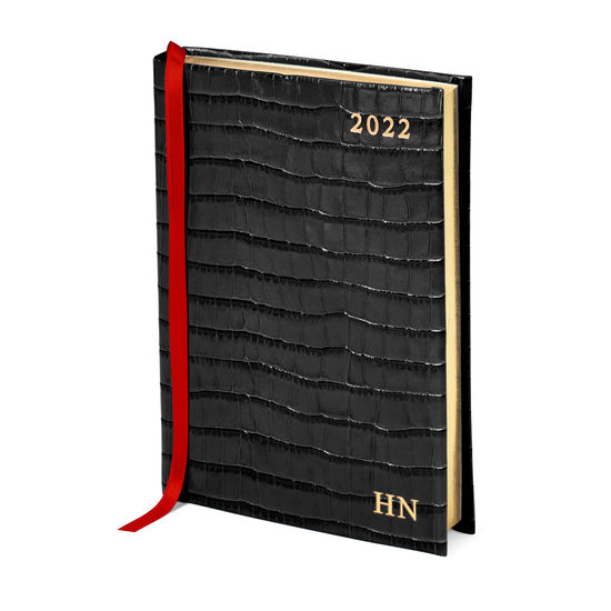 A6 Day to Page Leather Diary in Deep Shine Black Croc from Aspinal of London
