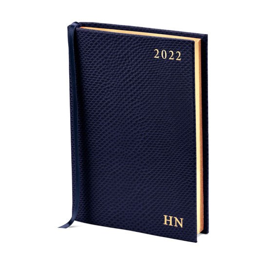 A6 Day to Page Leather Diary in Midnight Blue Lizard from Aspinal of London